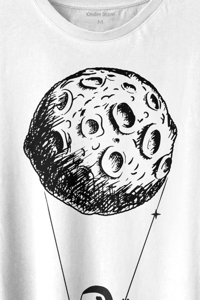 Uçan Balon Gezegen Minimal Astronot Uzay Urban Cosmos Baskılı Beyaz Tişört Unisex (1)