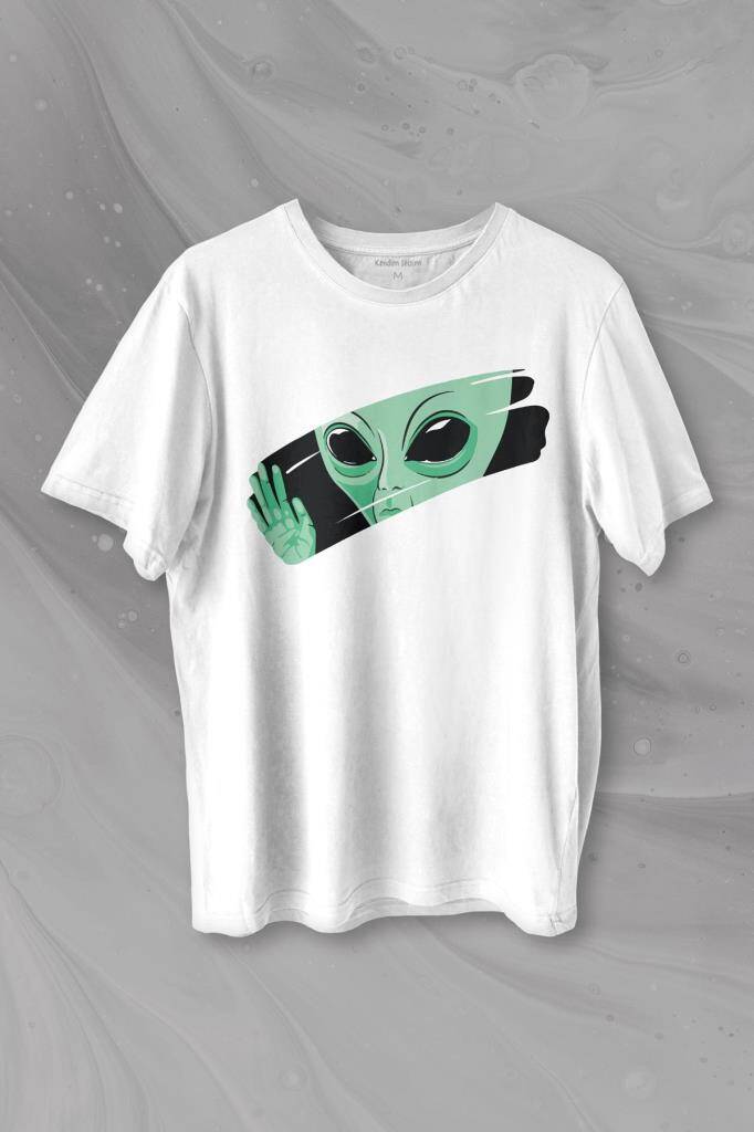 Ufo Uzaylı Yeşil E.T. Nasa Gezegen Baskılı Beyaz Tişört Unisex