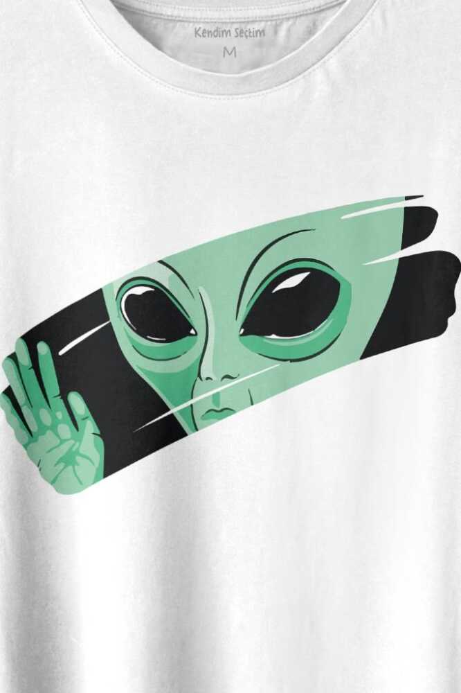 Ufo Uzaylı Yeşil E.T. Nasa Gezegen Baskılı Beyaz Tişört Unisex (1)