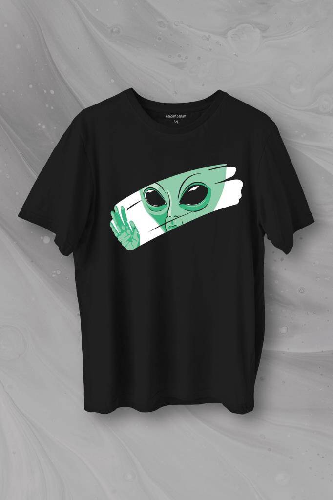 Ufo Uzaylı Yeşil E.T. Nasa Gezegen Baskılı Siyah Tişört Unisex