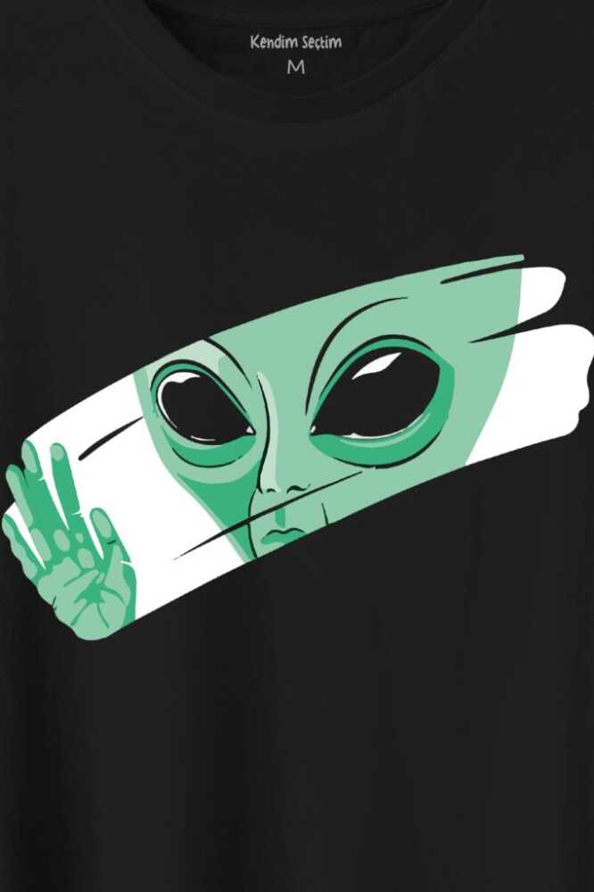 Ufo Uzaylı Yeşil E.T. Nasa Gezegen Baskılı Siyah Tişört Unisex (1)