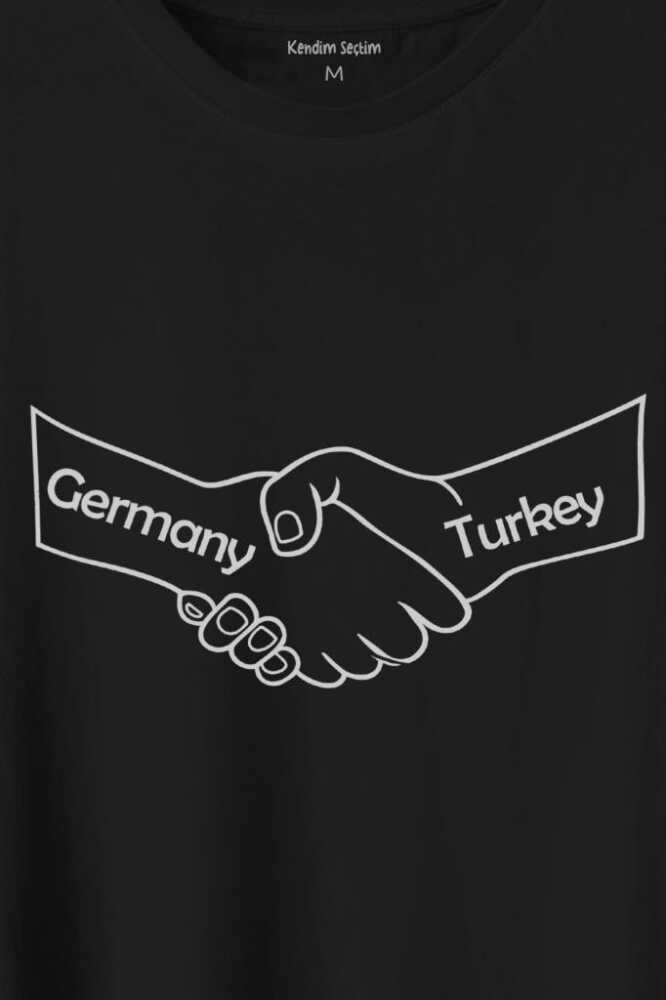Ülke Dostluk Türkiye Almanya Friends El Tokalaşma Baskılı Siyah Tişört Unisex (1)