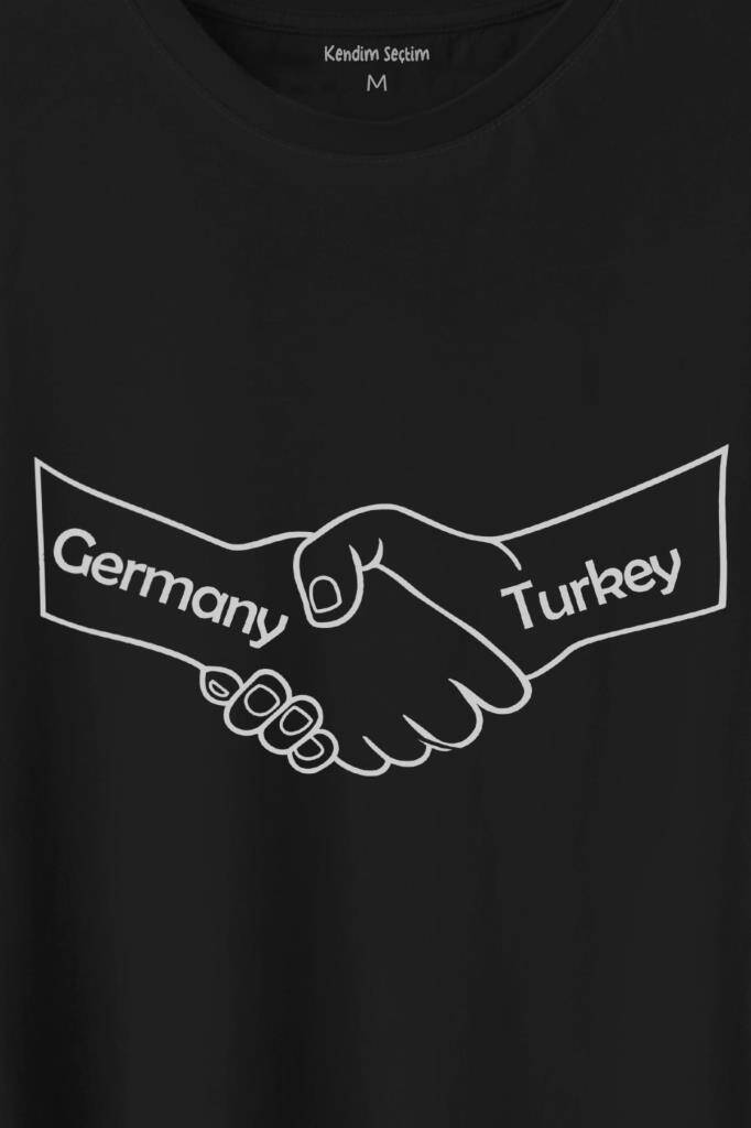 Ülke Dostluk Türkiye Almanya Friends El Tokalaşma Baskılı Siyah Tişört Unisex (1)