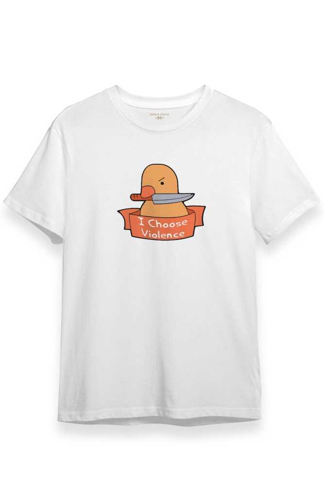 I Choose Violence Sarı Ördek Tatlı Funny Eğlenceli Yazı Baskılı Beyaz Unisex Tişört