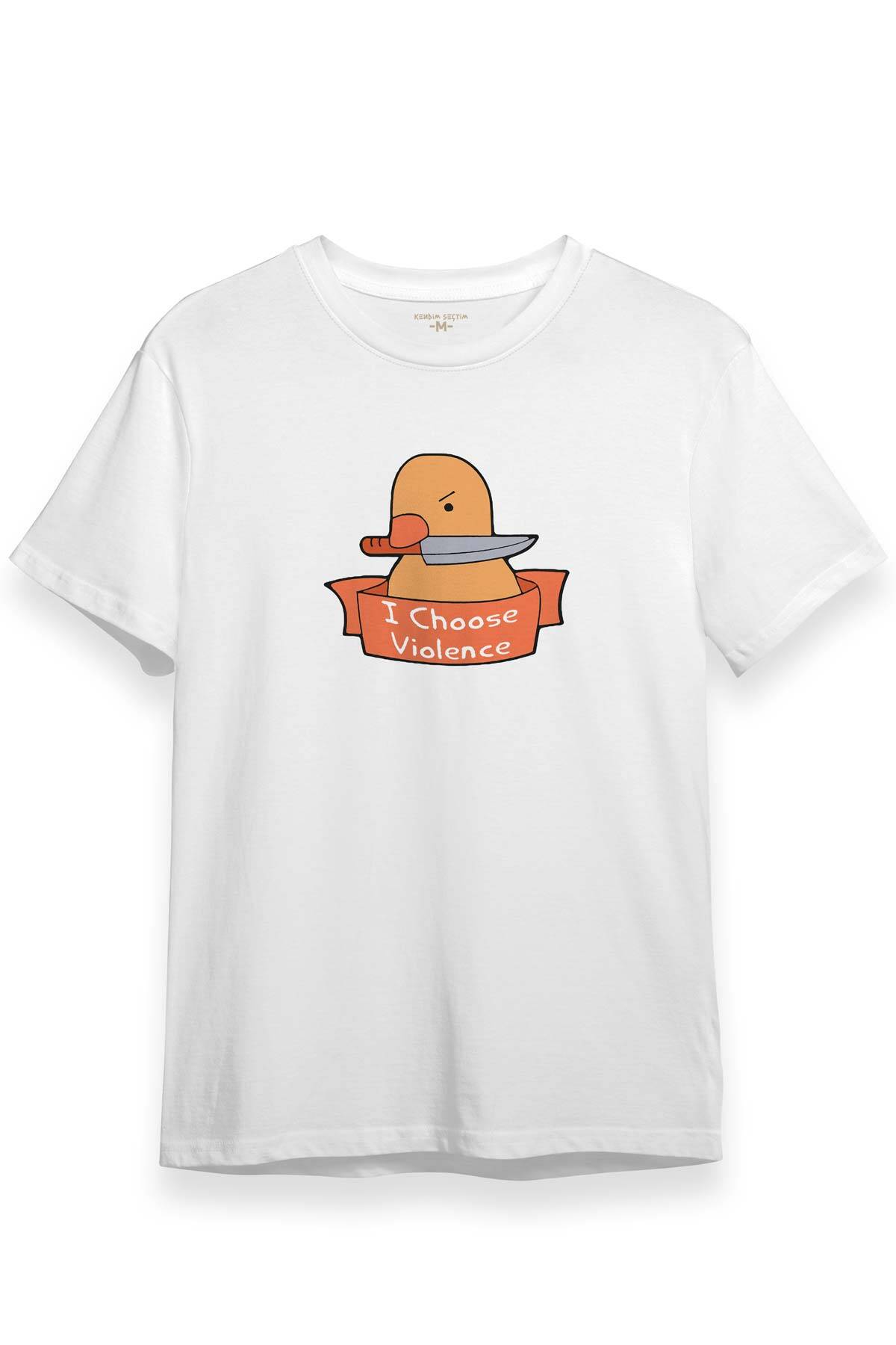 I Choose Violence Sarı Ördek Tatlı Funny Eğlenceli Yazı Baskılı Beyaz Unisex Tişört