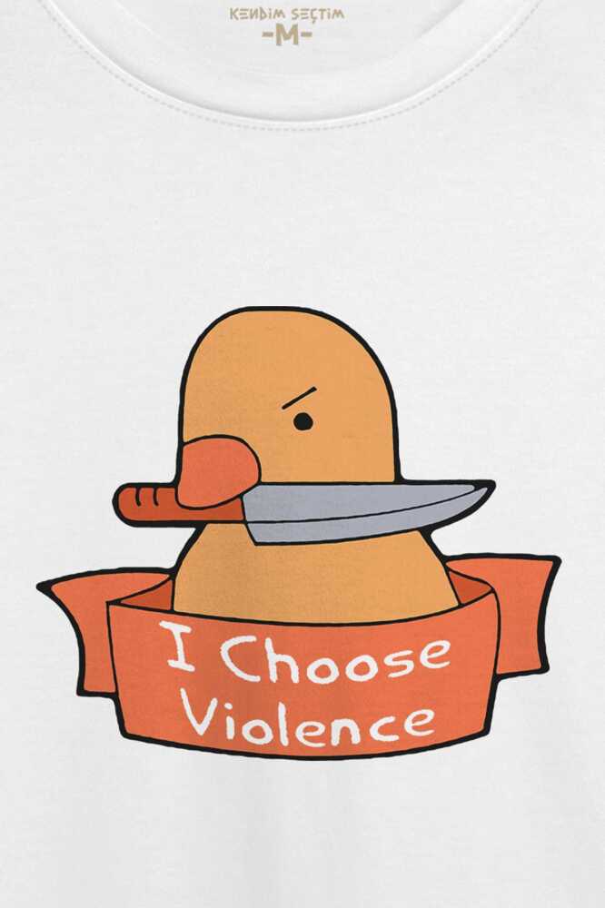 I Choose Violence Sarı Ördek Tatlı Funny Eğlenceli Yazı Baskılı Beyaz Unisex Tişört (1)