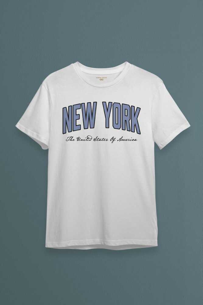 New York City Şehir Yazı Baskılı Unisex Beyaz Tişört