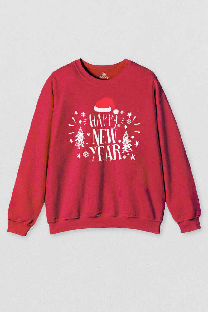 Unisex Kırmızı Sweatshirt Happy New Year Yeni Yıl Hediye Noel Yılbaşı Baskılı Sweat