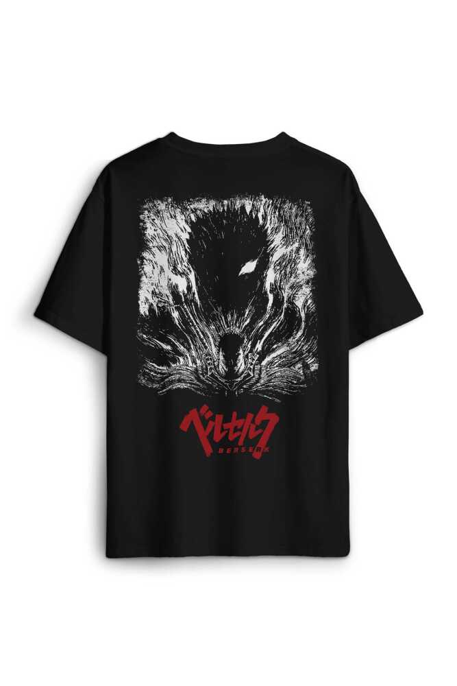 Unisex Pamuk Siyah Berserk Manga Anime Guts Kılıç Ön Sırt Baskılı Oversize Tişört (1)
