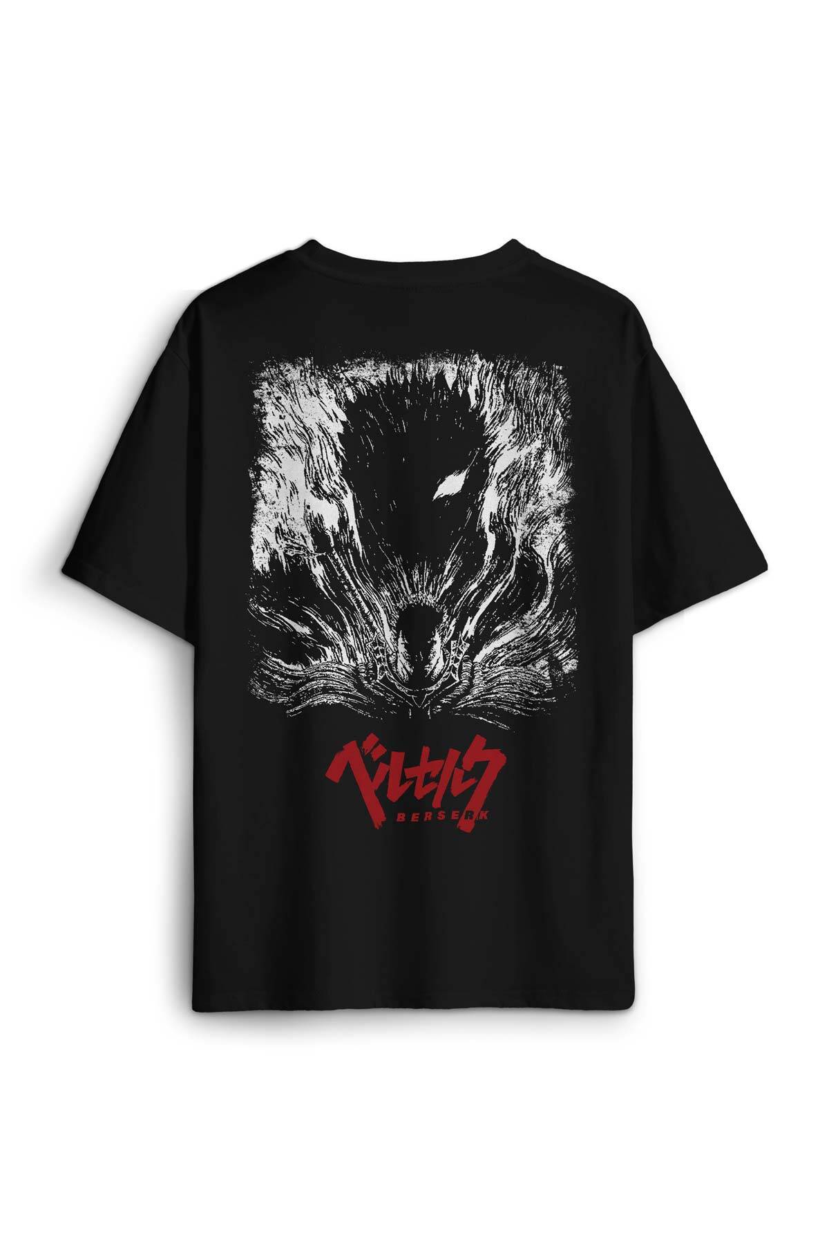 Unisex Pamuk Siyah Berserk Manga Anime Guts Kılıç Ön Sırt Baskılı Oversize Tişört (1)