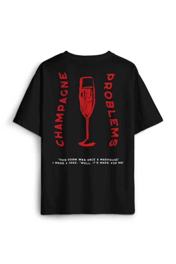 Unisex Pamuk Siyah Champagne Problems Taylor Swift Evermore Ön Sırt Baskılı Oversize Tişört - 2