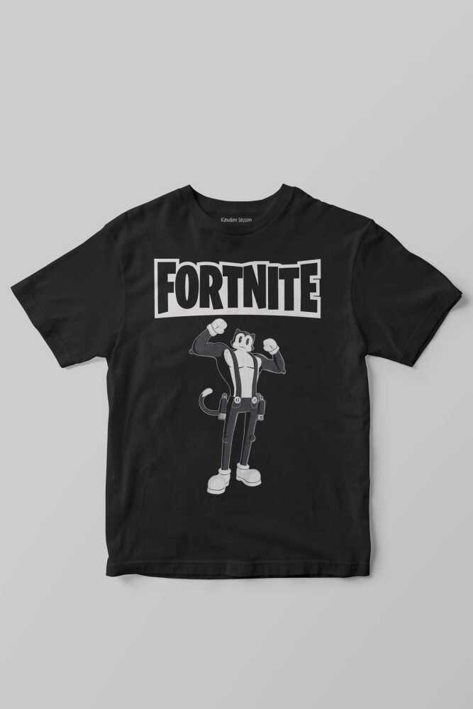 Unisex Siyah Fortnite Kedi Çizgi Tehlikeli Battle Royale Baskılı Warrior Çocuk Tişörtü
