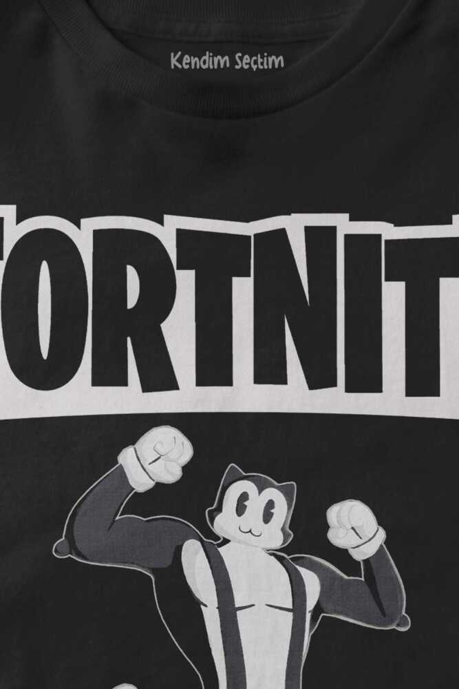 Unisex Siyah Fortnite Kedi Çizgi Tehlikeli Battle Royale Baskılı Warrior Çocuk Tişörtü (1)