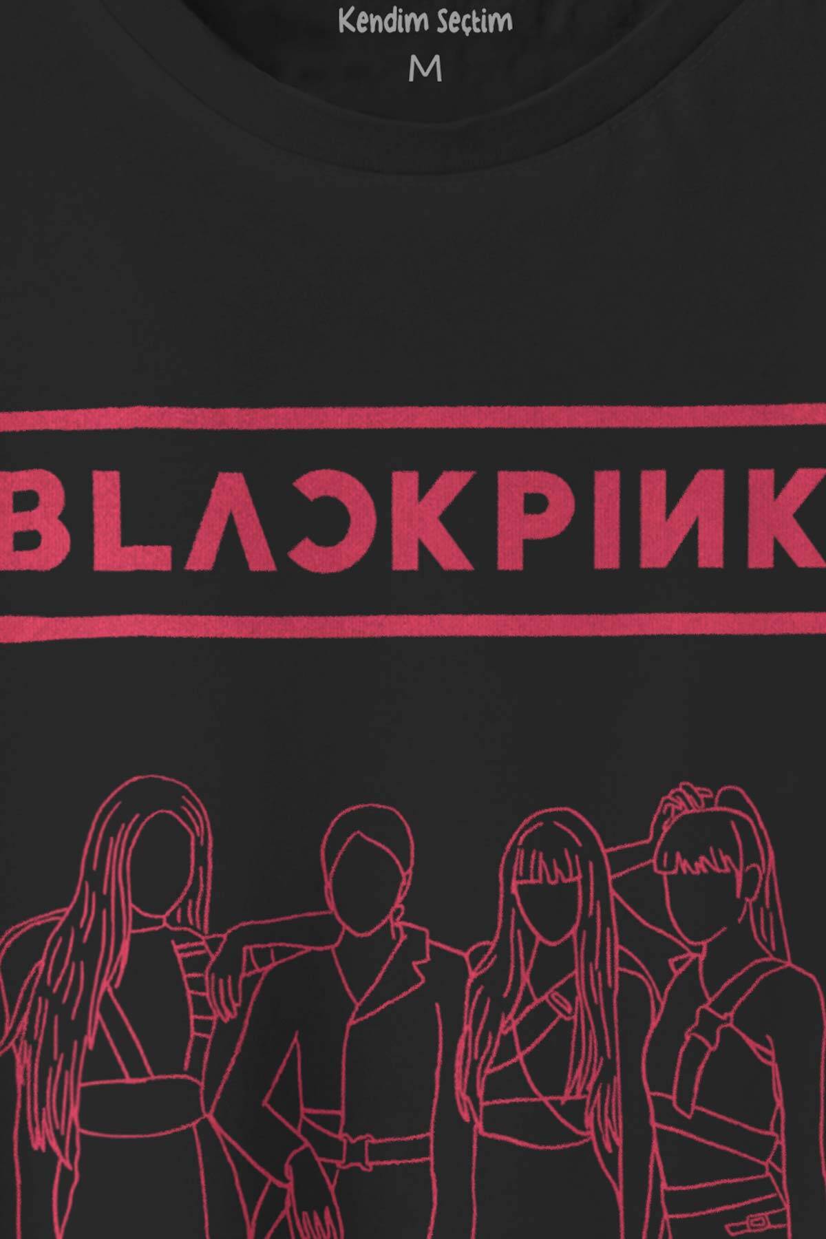 BLACKPINK Çizim Kore Music K-Pop Baskılı Unisex Siyah Tişört (1)