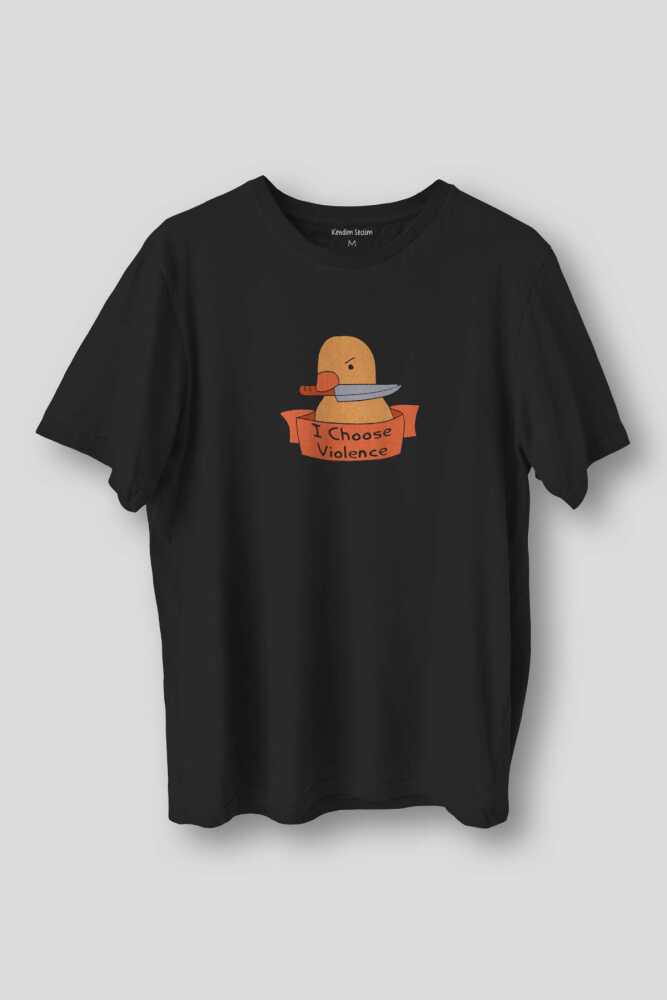 I Choose Violence Sarı Ördek Tatlı Funny Eğlenceli Yazı Baskılı Siyah Unisex Tişört