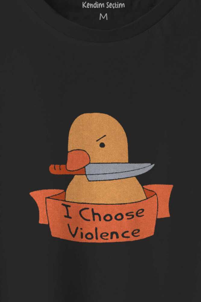 I Choose Violence Sarı Ördek Tatlı Funny Eğlenceli Yazı Baskılı Siyah Unisex Tişört (1)