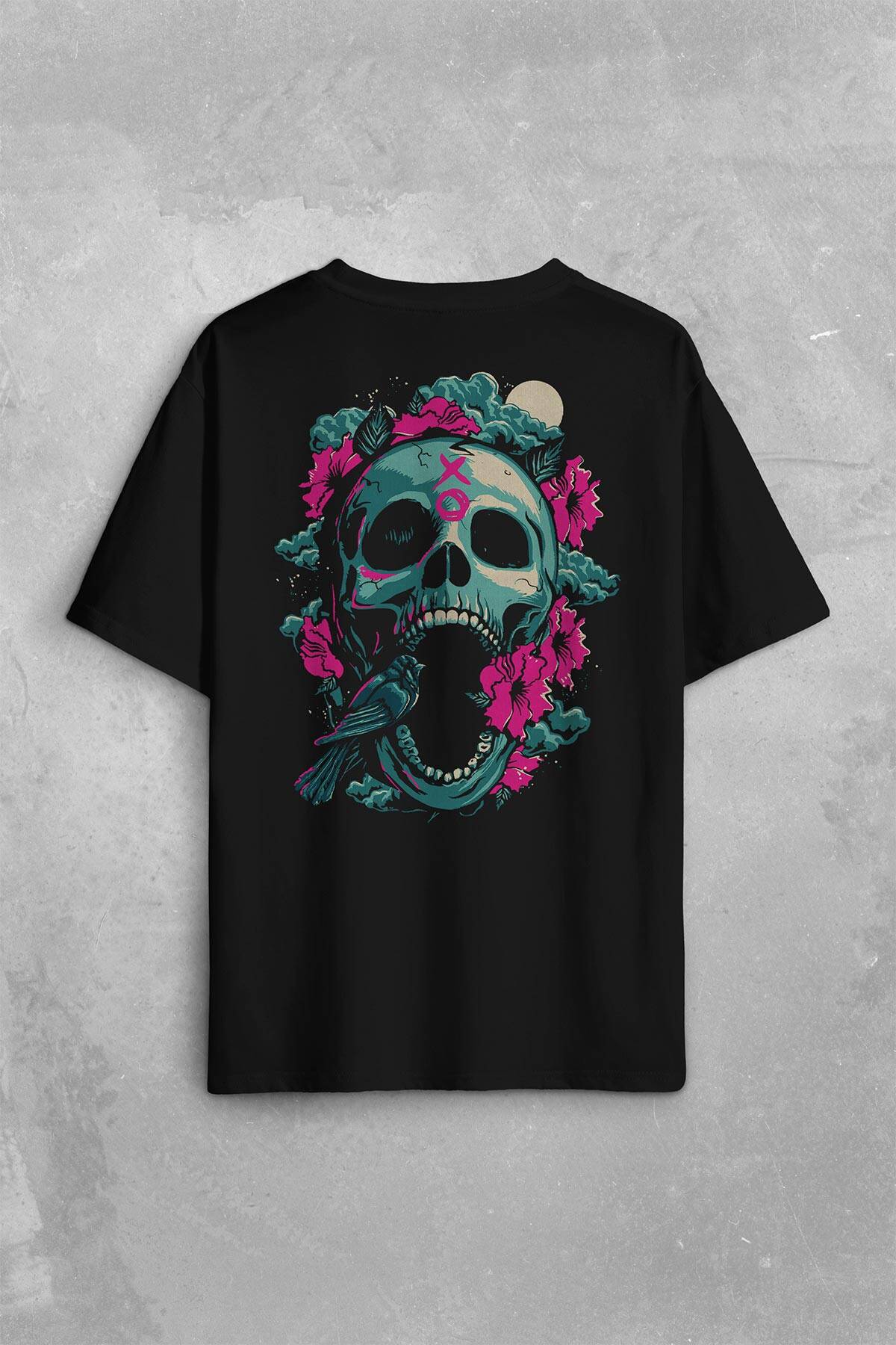 Sugar Skull Skeleton Rose Kuru Kafa Gül Sırt Ön Baskılı Oversize Tişört Unisex