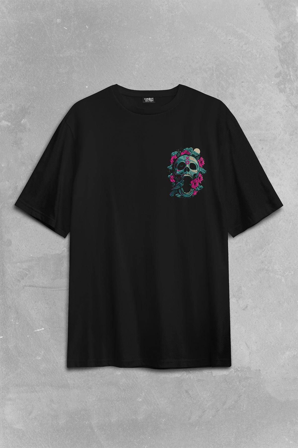 Sugar Skull Skeleton Rose Kuru Kafa Gül Sırt Ön Baskılı Oversize Tişört Unisex (1)
