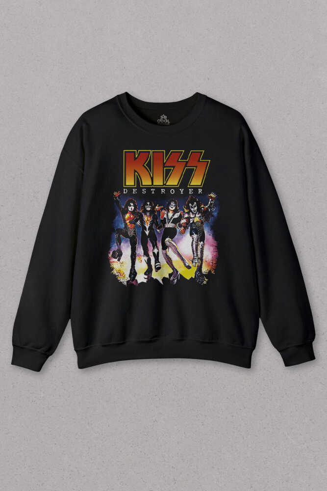 Unisex Sweatshirt Kiss The Destroyer Rock Music Album Siyah Baskılı Sweat