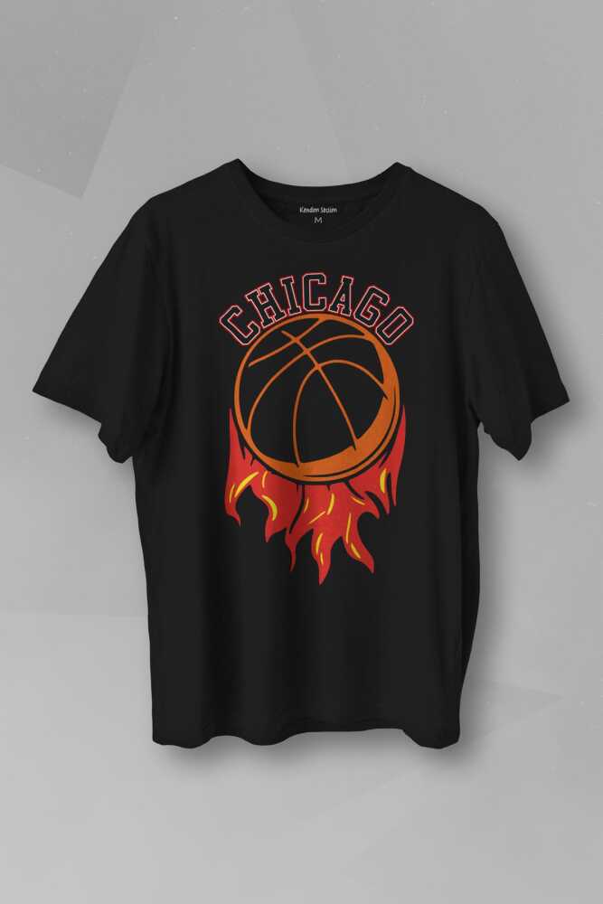 Unisex T-shirt Basketbol Spor Basketball Chicago Yazı Siyah Baskılı Tişört