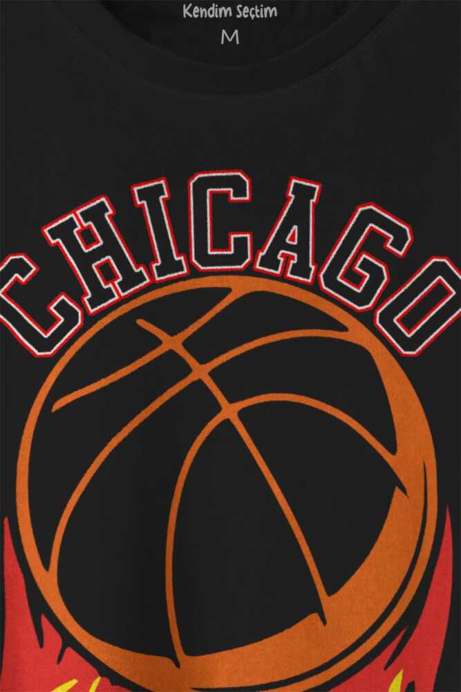 Unisex T-shirt Basketbol Spor Basketball Chicago Yazı Siyah Baskılı Tişört (1)