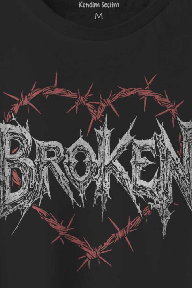 Broken Hearts Gothic Gotik Sevgili Y2K Yazı Baskılı Siyah Unisex Tişört (1)