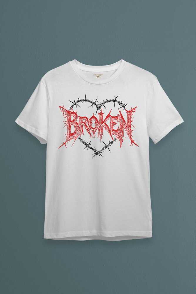 Broken Hearts Gothic Y2K Yazı Baskılı Beyaz Unisex Tişört