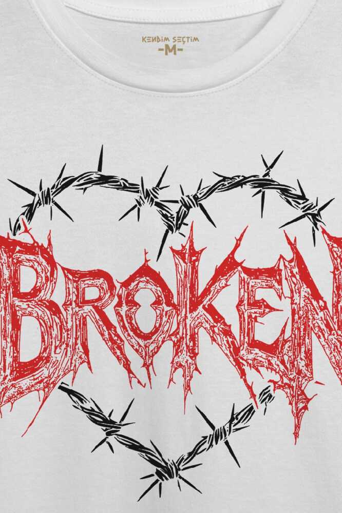Broken Hearts Gothic Y2K Yazı Baskılı Beyaz Unisex Tişört (1)