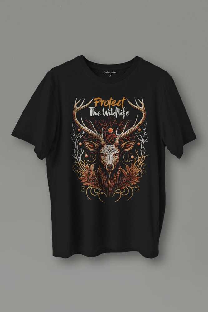 Protect The Wildlife The Deer Nature Outdoor Doğa Geyik Baskılı Siyah Unisex Tişört