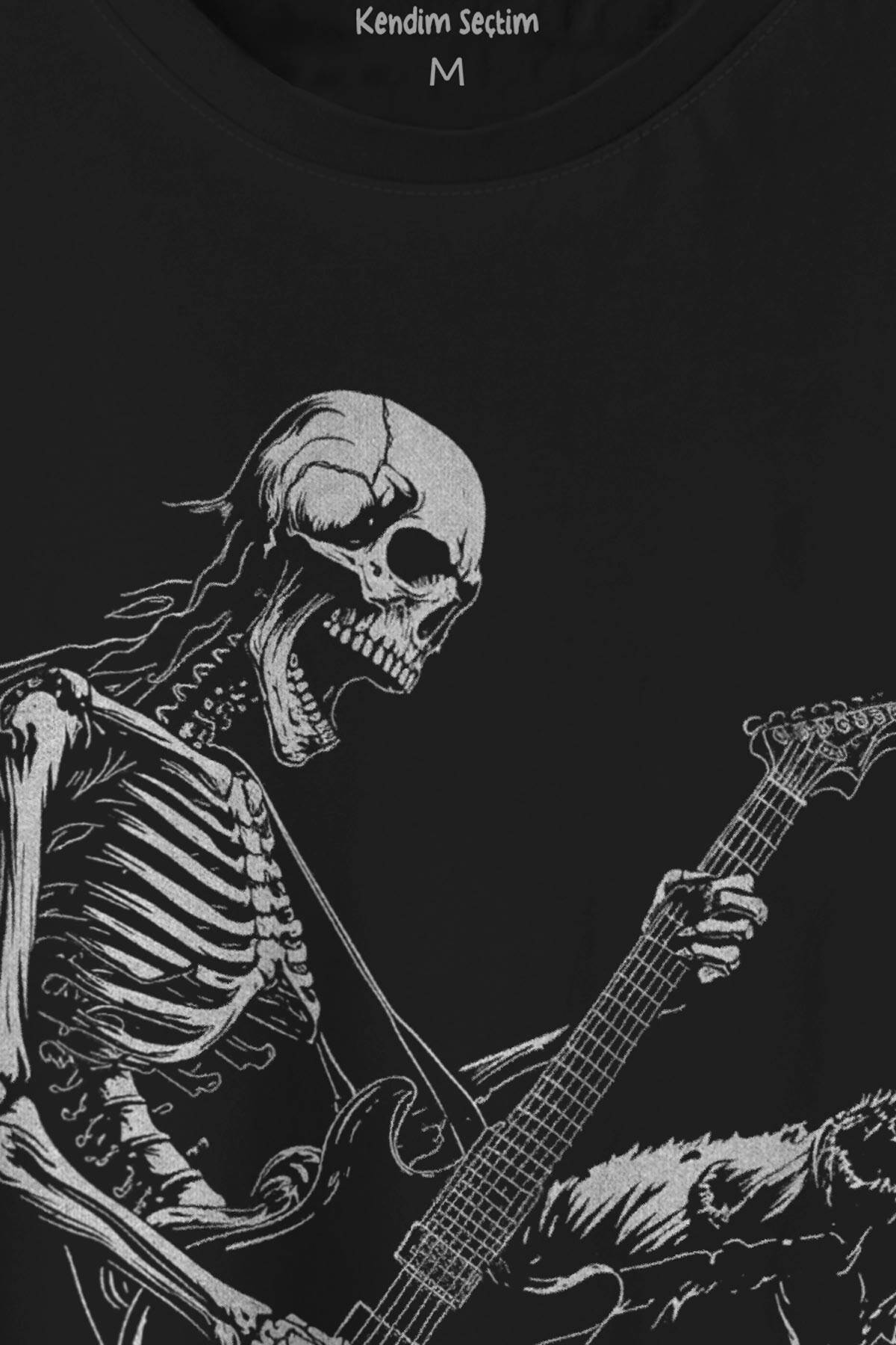 Unisex T-shirt Skeleton Playing Guitar Heavy Metal Skull İskelet Gitar Rock Siyah Baskılı Tişört - 2