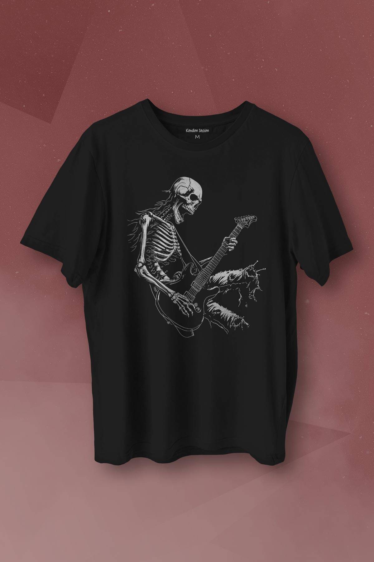 Unisex T-shirt Skeleton Playing Guitar Heavy Metal Skull İskelet Gitar Rock Siyah Baskılı Tişört