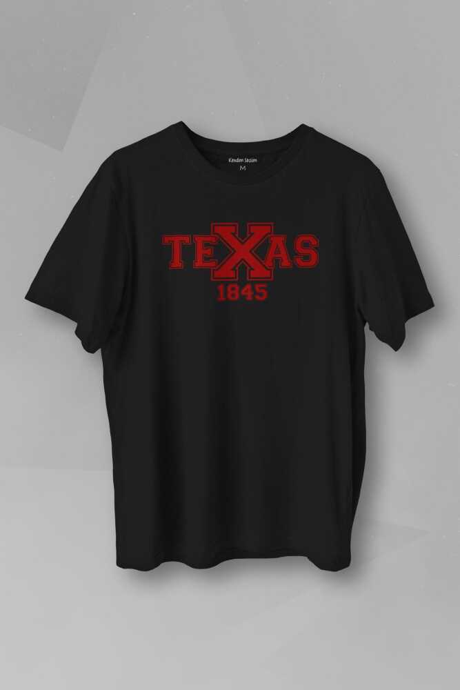Spor Texas 1845 College Yazı Siyah Baskılı Unisex Tişört