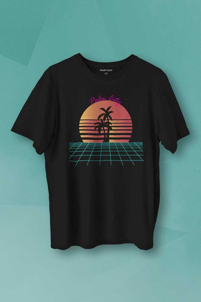 Vaporwave Palm City Retro 80's 90's Doksanlar Gamer Punk Siyah Baskılı Unisex Tişört
