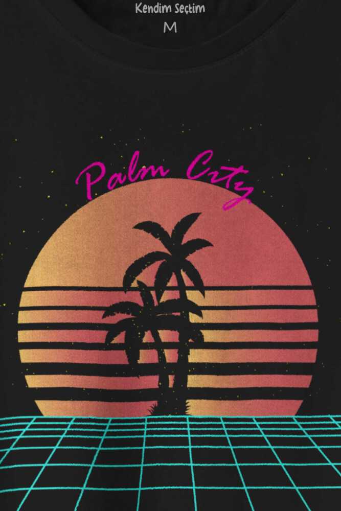 Vaporwave Palm City Retro 80's 90's Doksanlar Gamer Punk Siyah Baskılı Unisex Tişört (1)