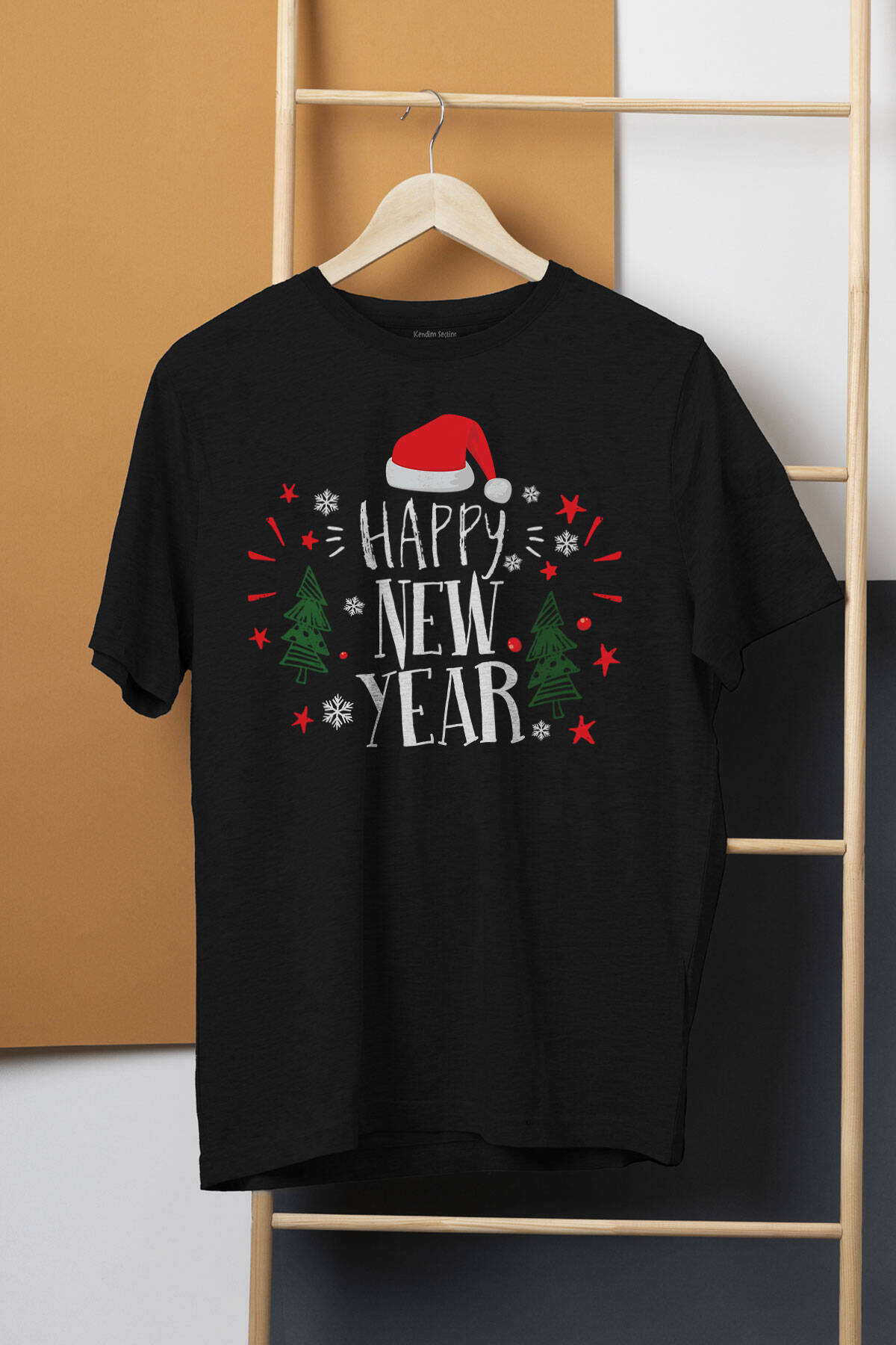 Unisex Tişört Happy New Year Yeni Yıl Hediye Noel Yılbaşı Baskılı T-shirt
