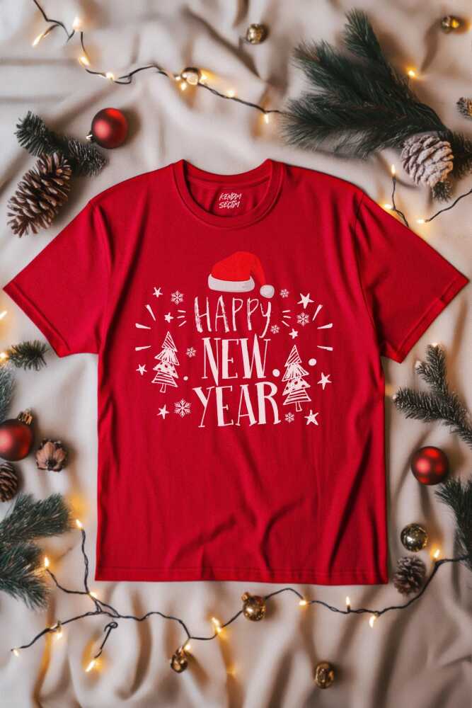 Unisex Tişört Happy New Year Yeni Yıl Hediye Noel Yılbaşı Baskılı T-shirt
