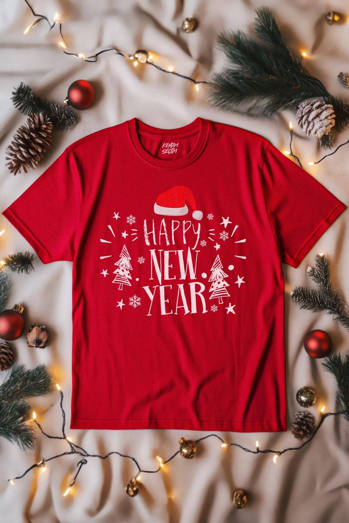 Unisex Tişört Happy New Year Yeni Yıl Hediye Noel Yılbaşı Baskılı T-shirt