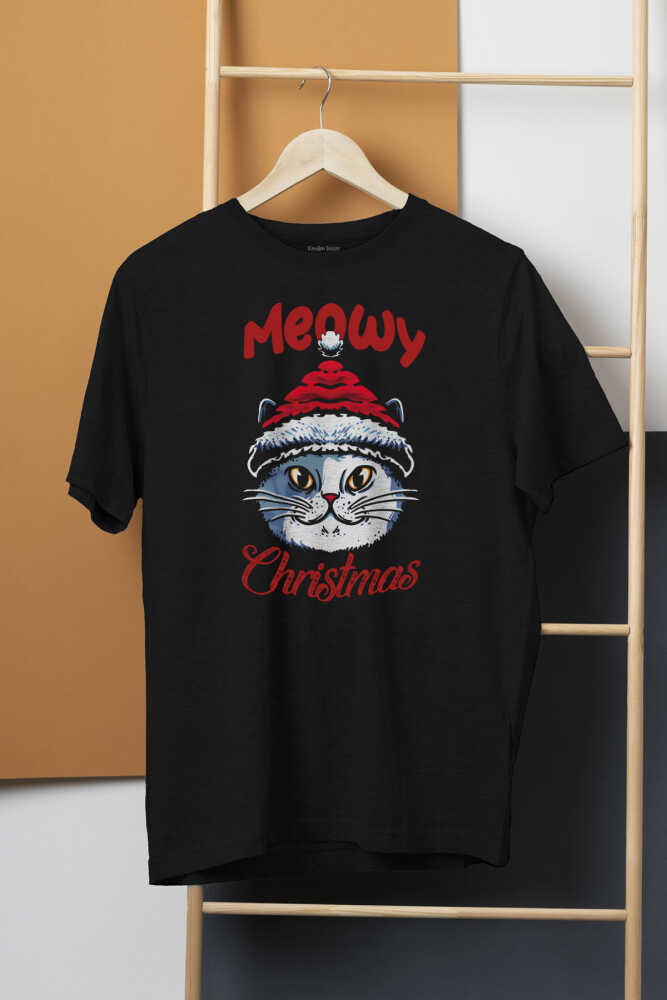 Unisex Tişört Kedi Cat Meow Christmas Noel New Year Yılbaşı Baskılı T-shirt