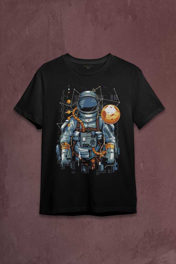 Uzay Gemisinde Yolculuk Eden Astronot Cosmos Göktaşı Baskılı Tişört Unisex