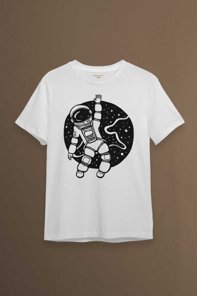 Uzayda El Sallayan Astronot Cosmos Baskılı Beyaz Tişört Unisex
