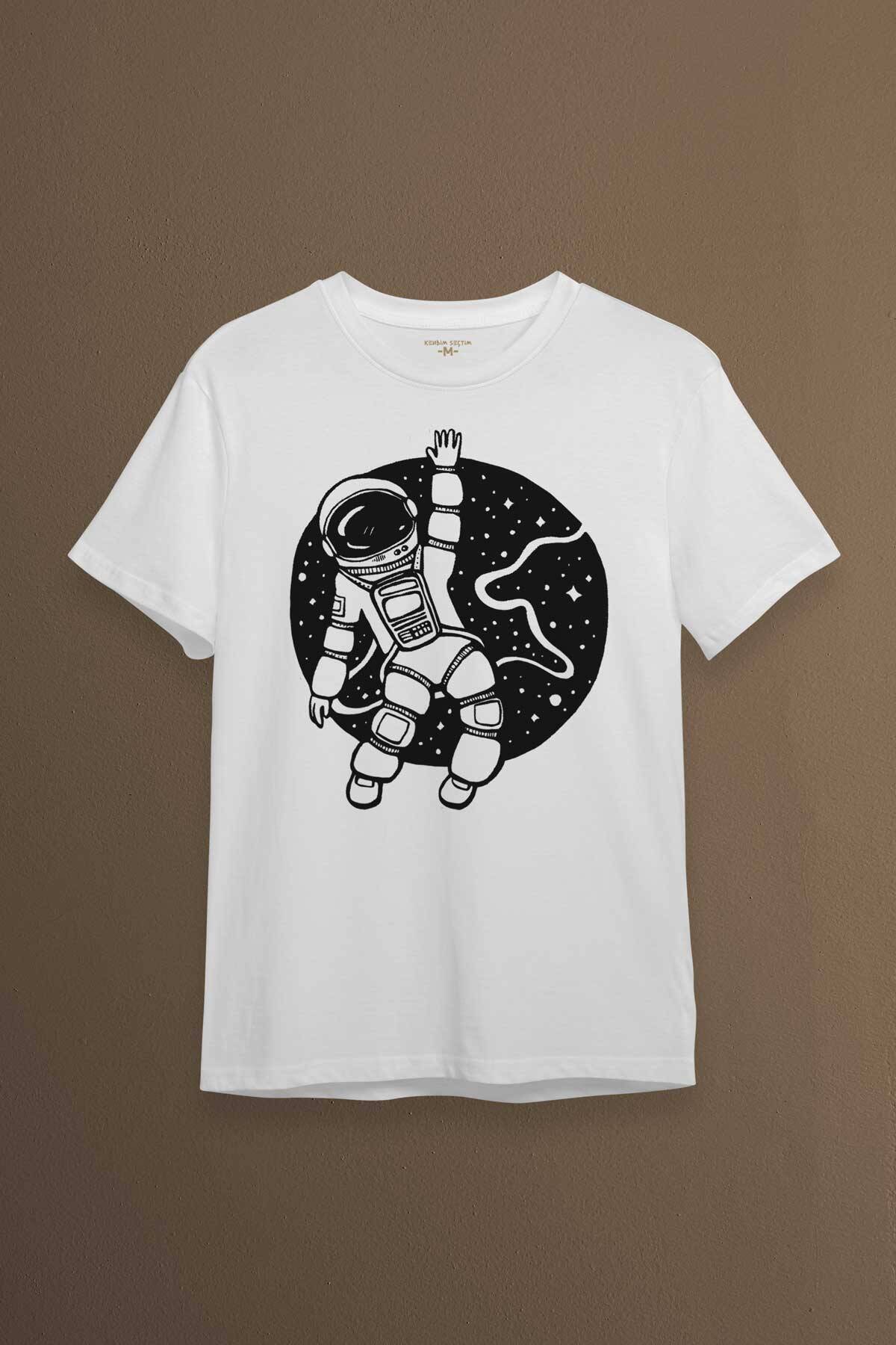 Uzayda El Sallayan Astronot Cosmos Baskılı Beyaz Tişört Unisex