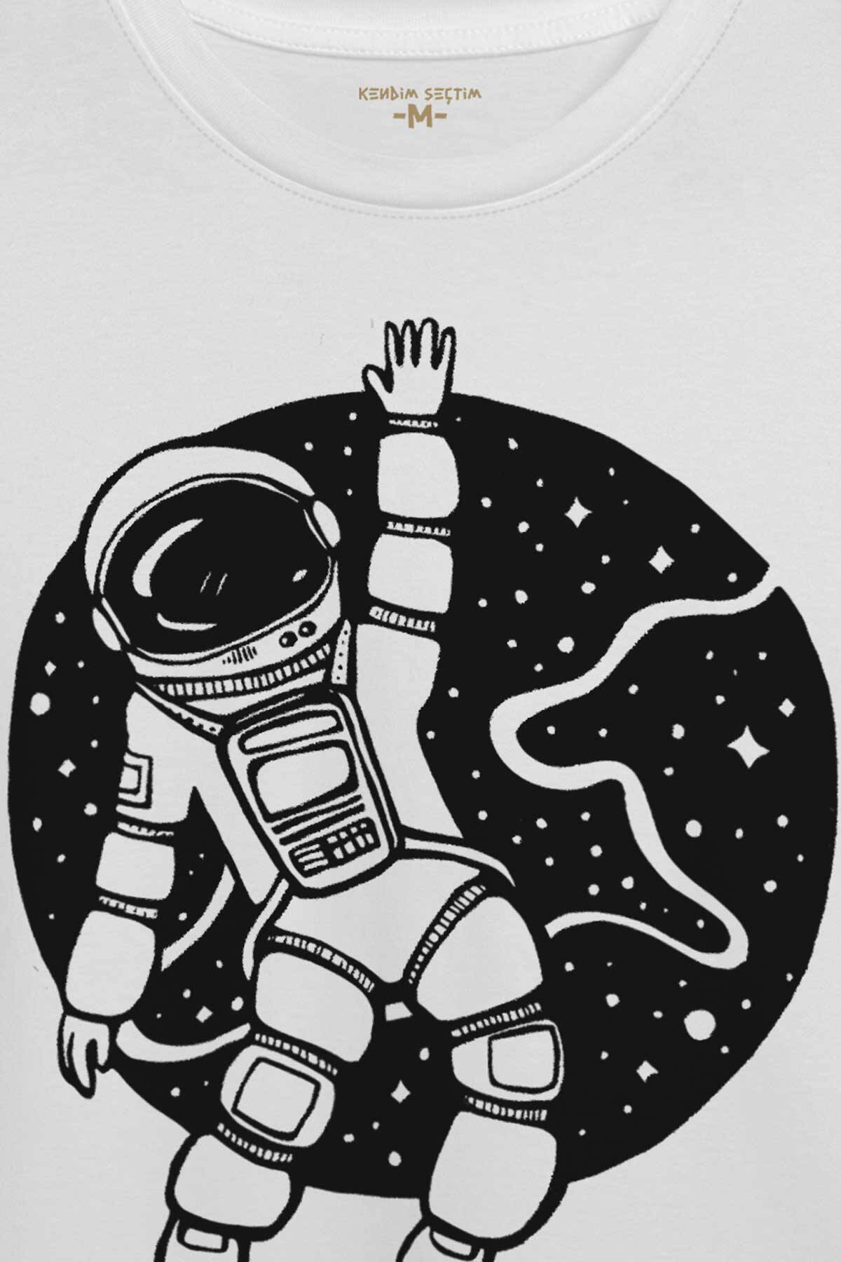 Uzayda El Sallayan Astronot Cosmos Baskılı Beyaz Tişört Unisex (1)