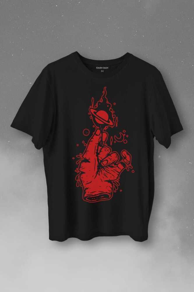 Uzayda El Satürn Halkaları Çizimli Lolipop Hellfire Ateş Baskılı Siyah Tişört Unisex