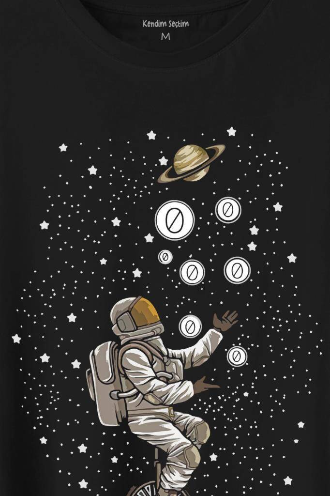 Uzayda Jonglör Astronot Top Çeviren Hokkabaz Cosmos Baskılı Siyah Tişört Unisex (1)