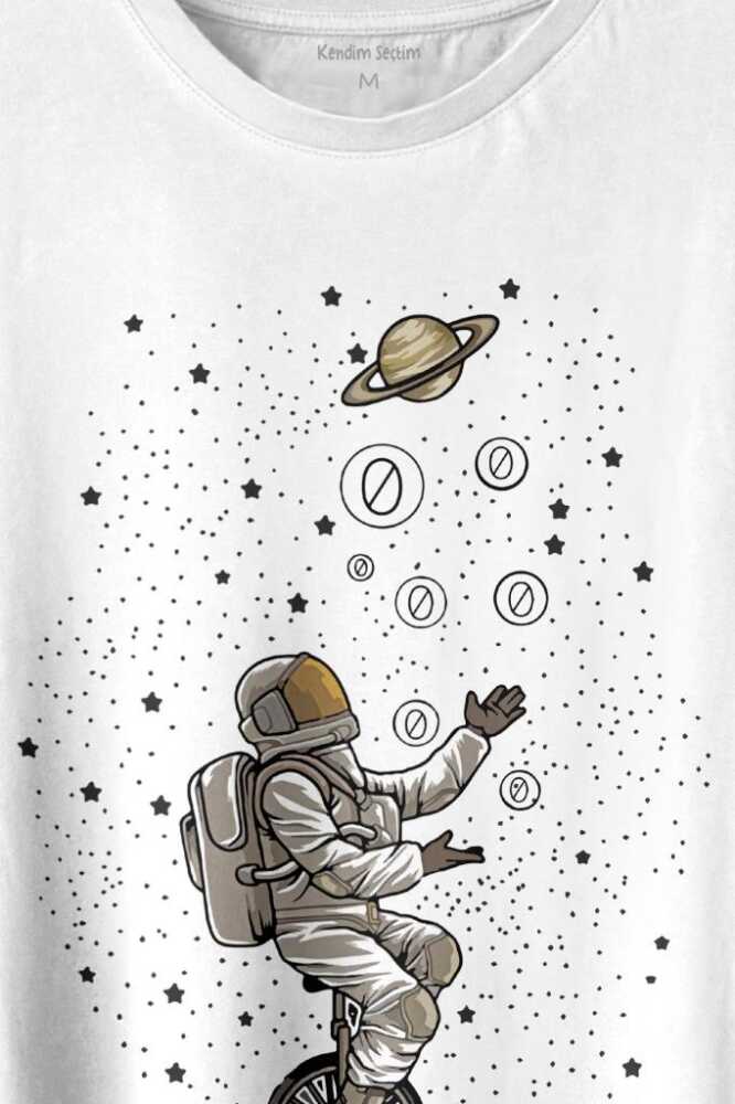 Uzayda Jonglör Astronot Top Çeviren Hokkabaz Cosmos Baskılı Beyaz Tişört Unisex (1)