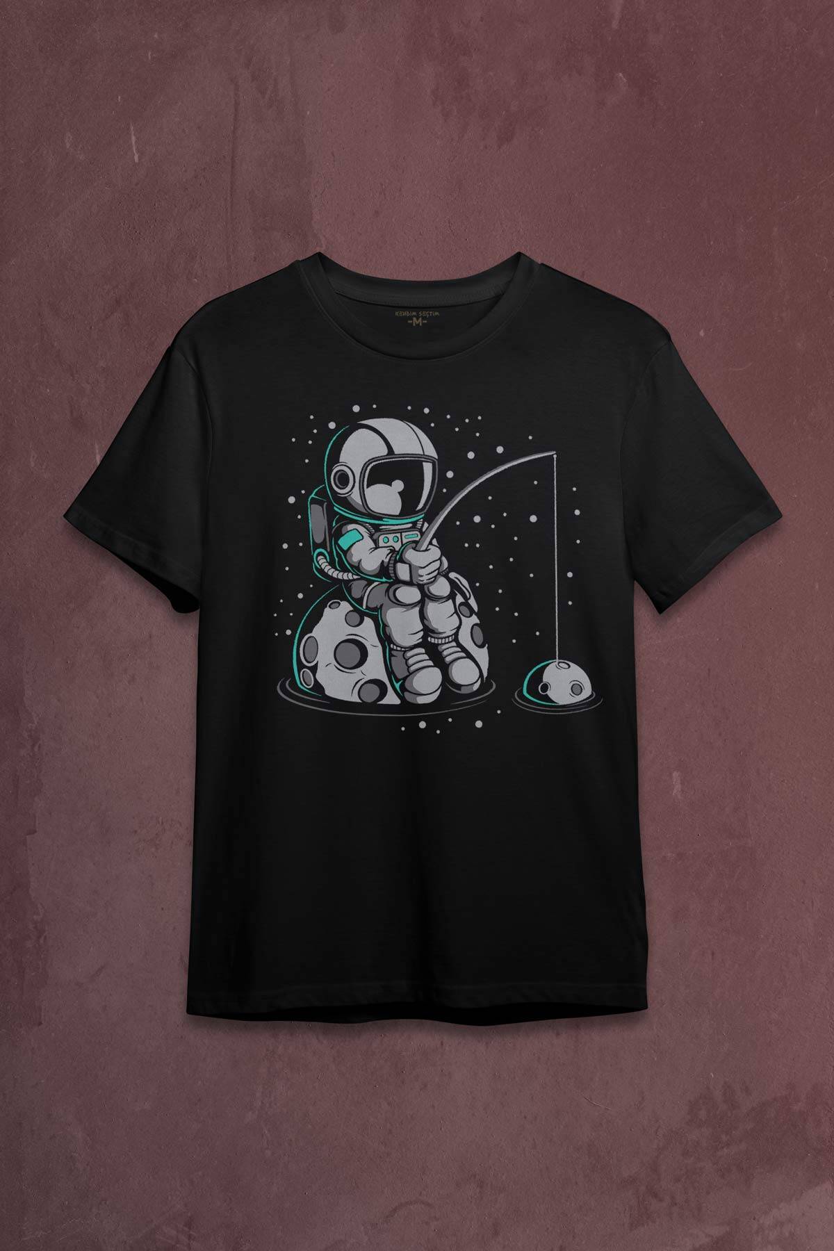 Uzayda Olta Atan Astronot Cosmos Uzay Gezegen Baskılı Tişört Unisex