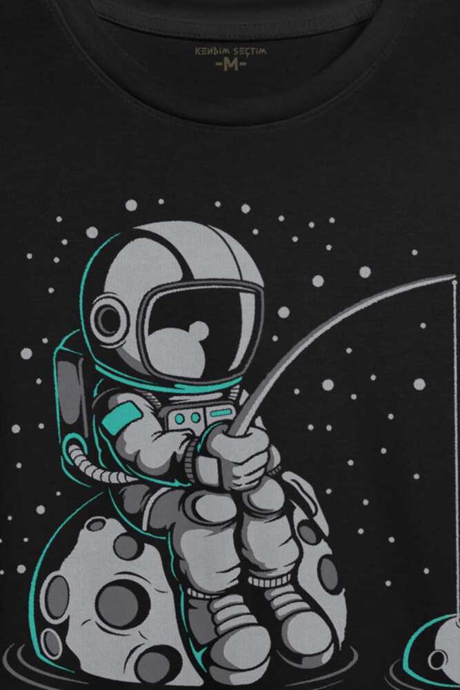 Uzayda Olta Atan Astronot Cosmos Uzay Gezegen Baskılı Tişört Unisex (1)