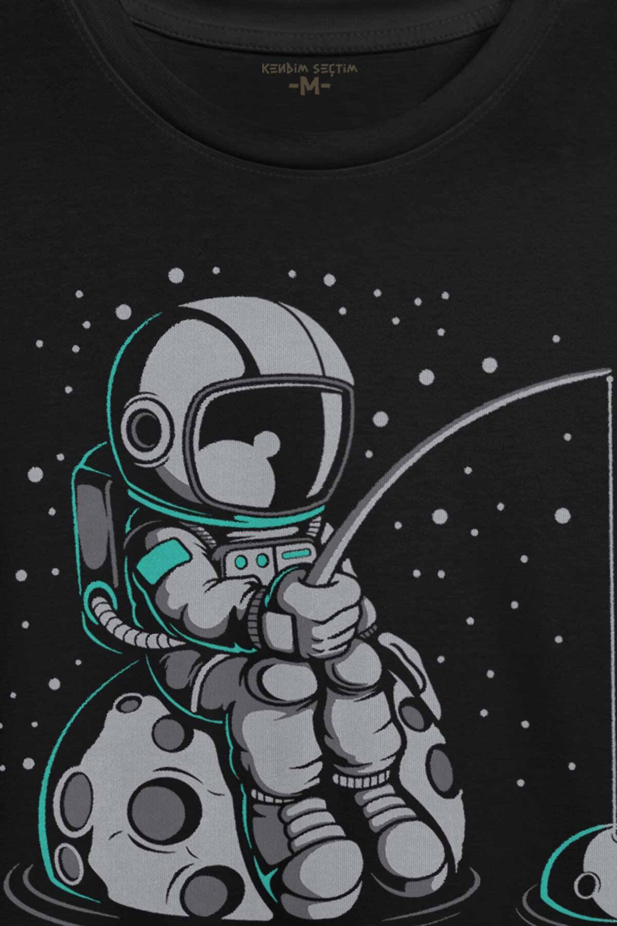 Uzayda Olta Atan Astronot Cosmos Uzay Gezegen Baskılı Tişört Unisex (1)