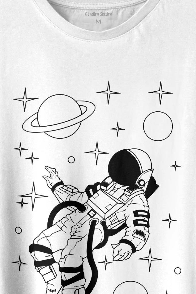 Uzayda Salınan Astronot Silueti Satürn Gezegeni Baskılı Beyaz Tişört Unisex (1)
