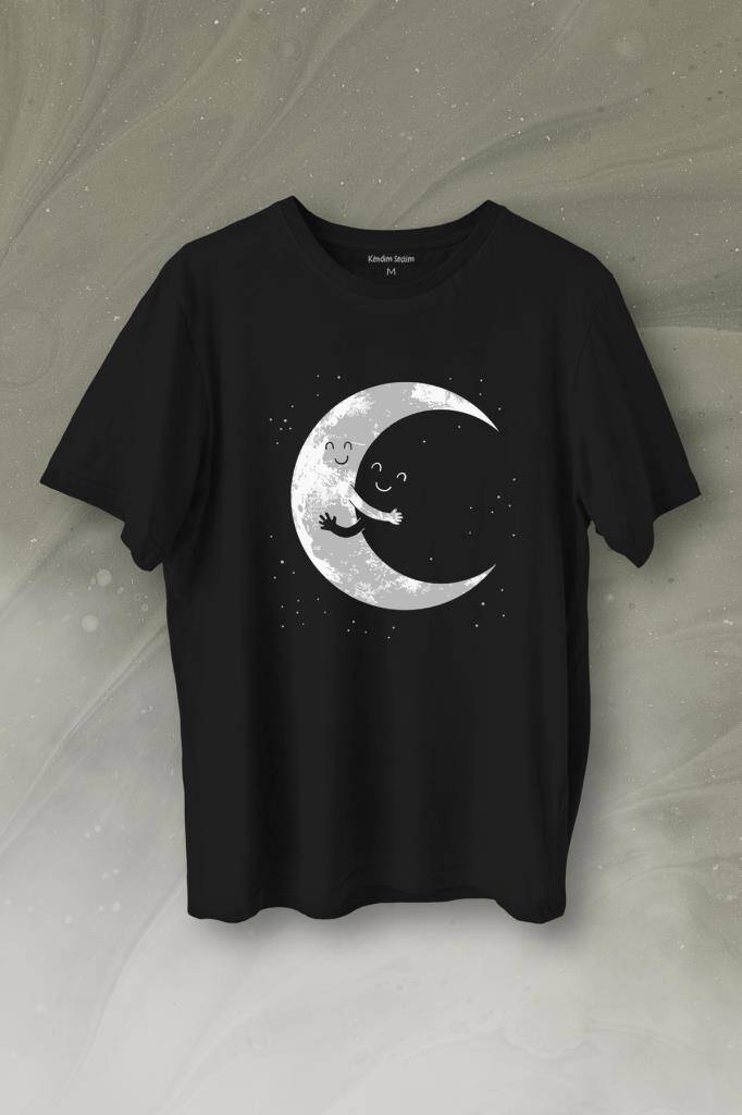 Uzayda Sarılan Ay Aşık Smile Cosmos Gülümsemesi Baskılı Siyah Tişört Unisex